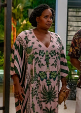 Pink and Emerald Green Palm Azulejos Panel Print Mono Kaftan