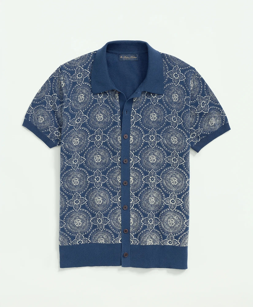 Cotton Polo Cardigan In Batik-Inspired Block Print
