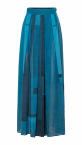 Window-Print Pleated Voile Maxi Skirt