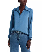Blue Rhinestone-Embellished Satin Button Up Shirt