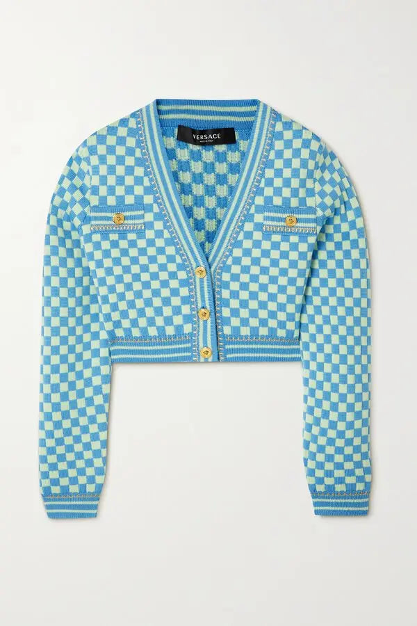 Blue Cropped Checked Jacquard Cardigan