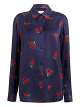 Navy Blue Rose-Print Button Up Shirt