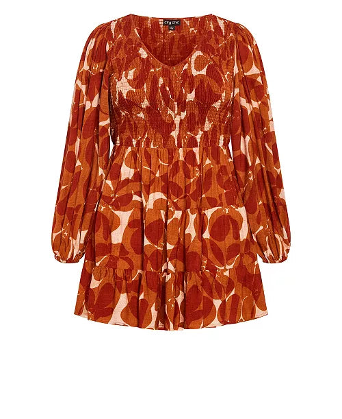 Orange Printed Long-Sleeve Tiered Mini Dress