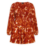 Orange Printed Long-Sleeve Tiered Mini Dress