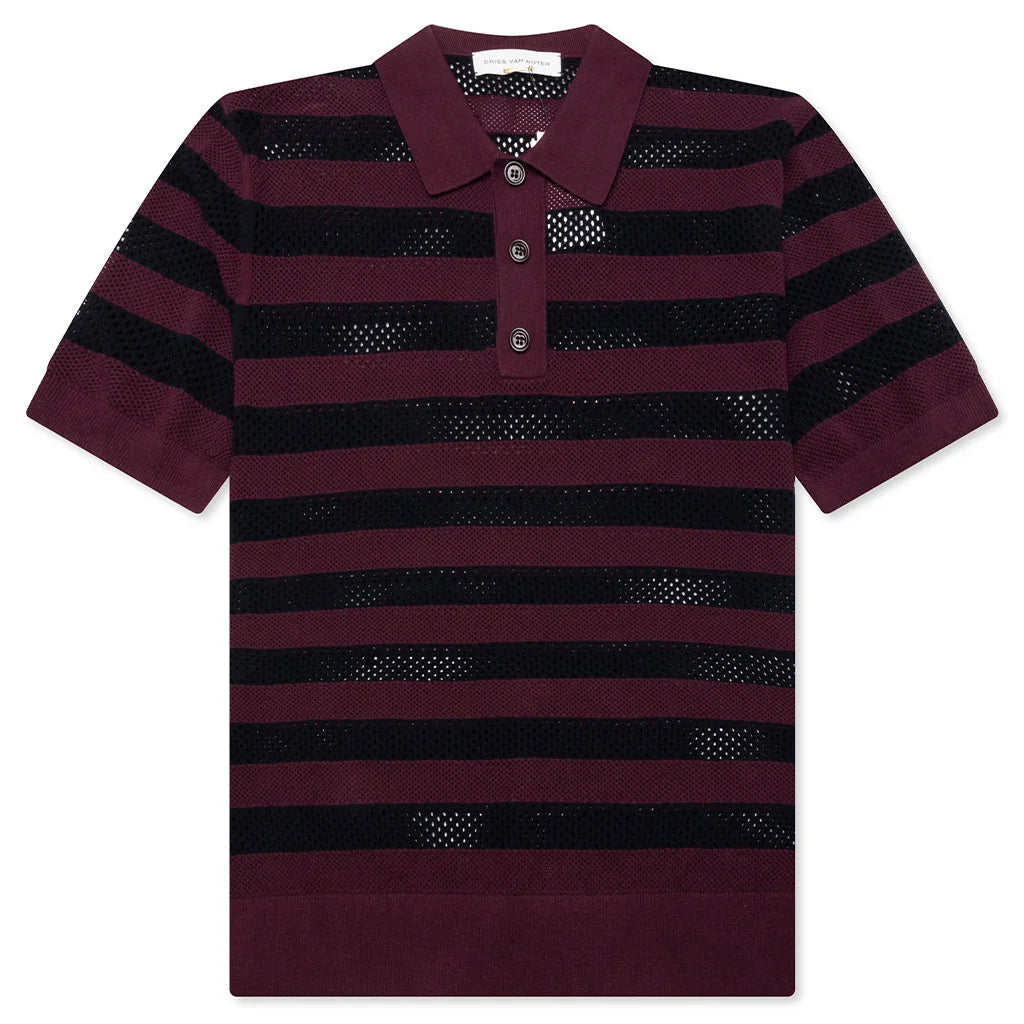 Burgundy Striped Open Knit Polo