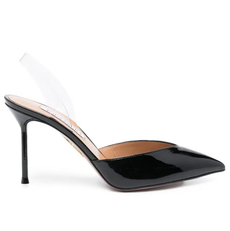 Black high-heeled shoe on a white background