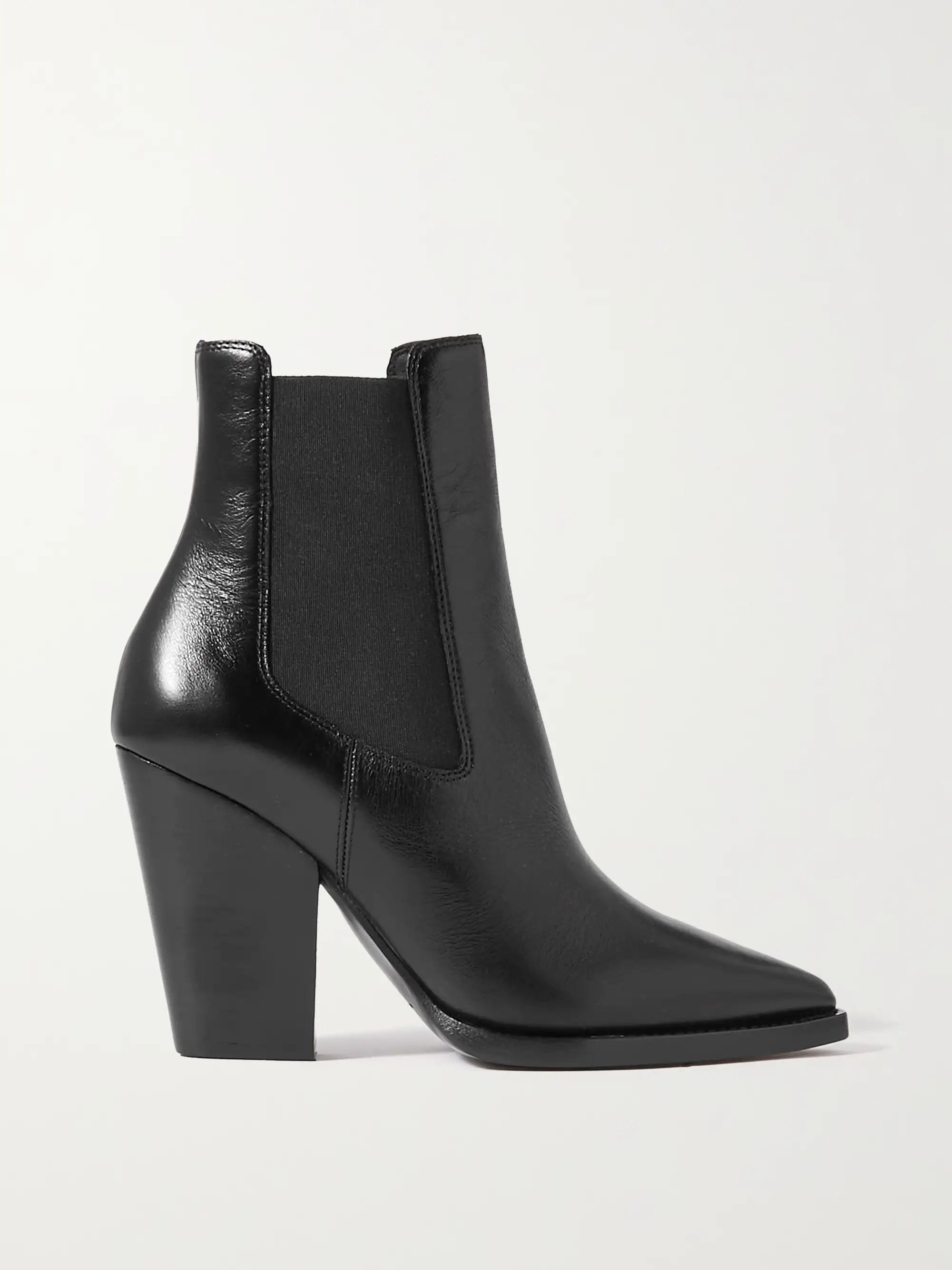 Black ankle boot with a block heel on a white background