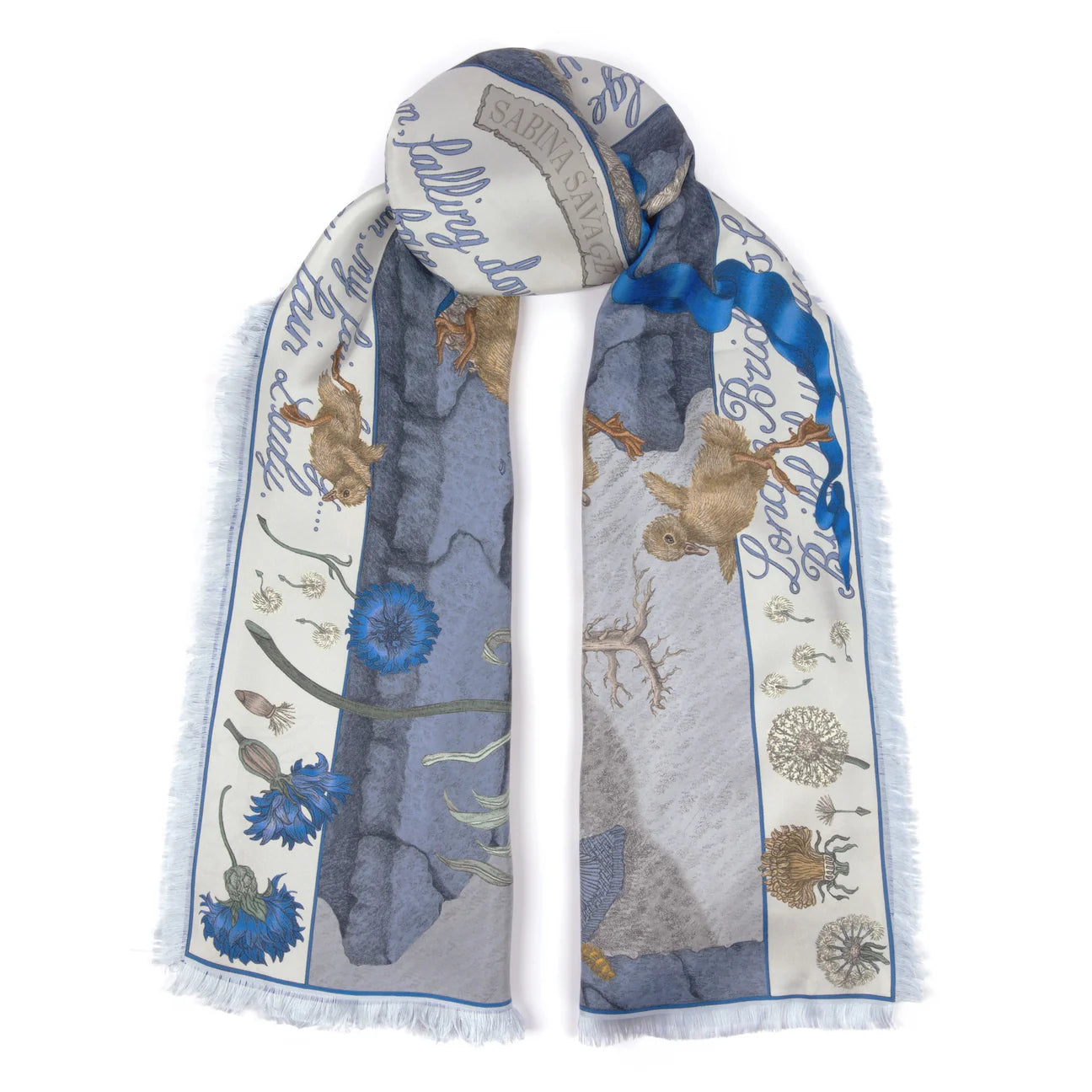 Scarf with floral and animal pattern on a white background