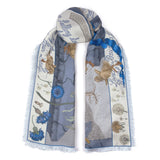 Scarf with floral and animal pattern on a white background