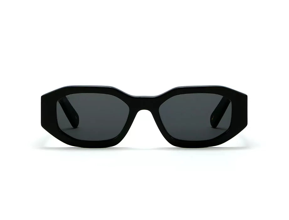 Black sunglasses with dark lenses on a white background