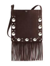Brown suede handbag with silver studs and fringes on a white background