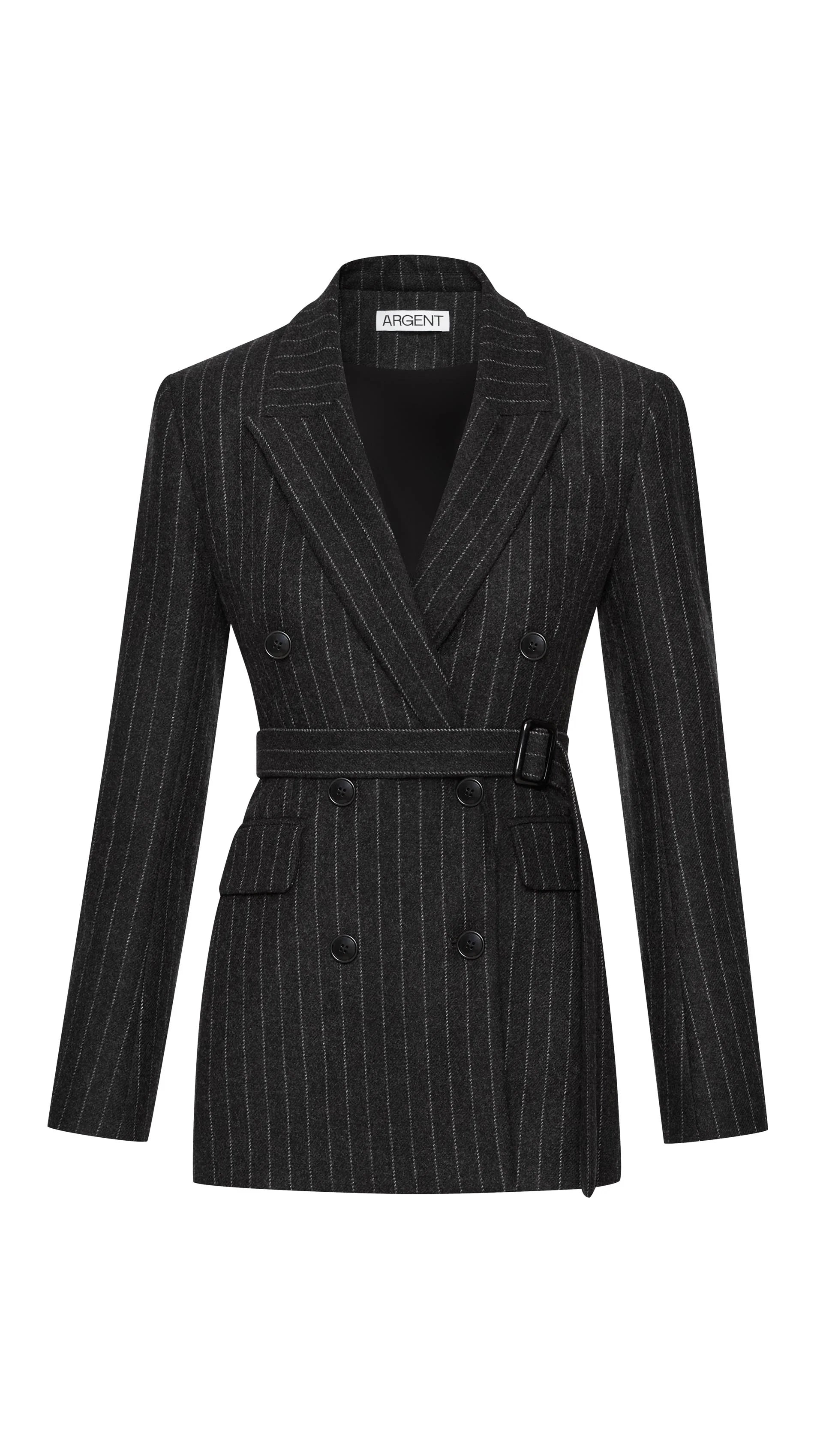 Belted Double-Breasted Blazer In Wool Blend Grey Pinstripe