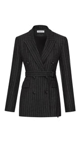 Belted Double-Breasted Blazer In Wool Blend Grey Pinstripe