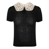 Black & White Crochet Collar Short Sleeve Knit Top