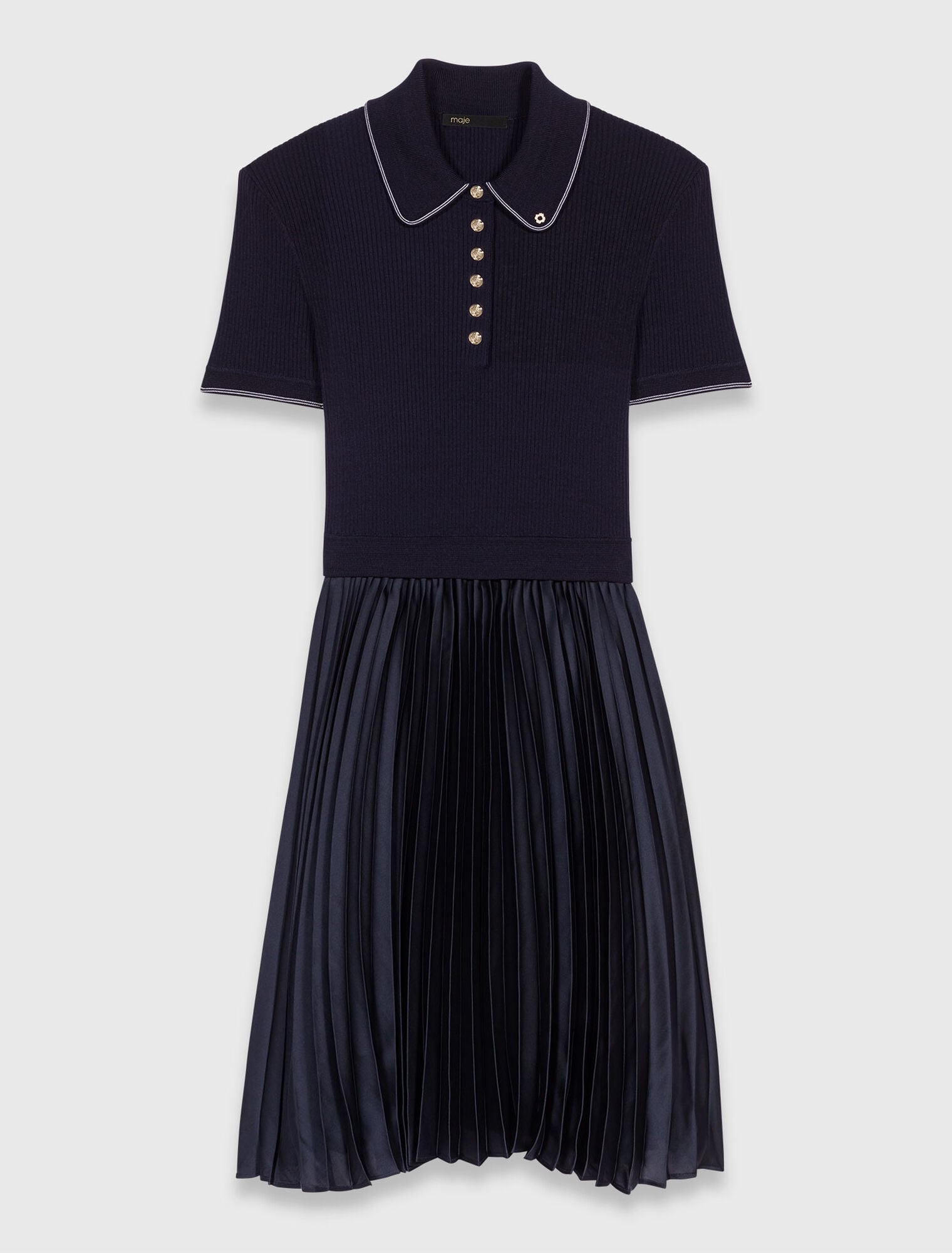 Navy pleated dress with a collar on a white background