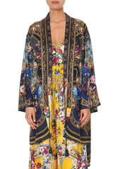 Blue Floral Printed Long Silk Robe