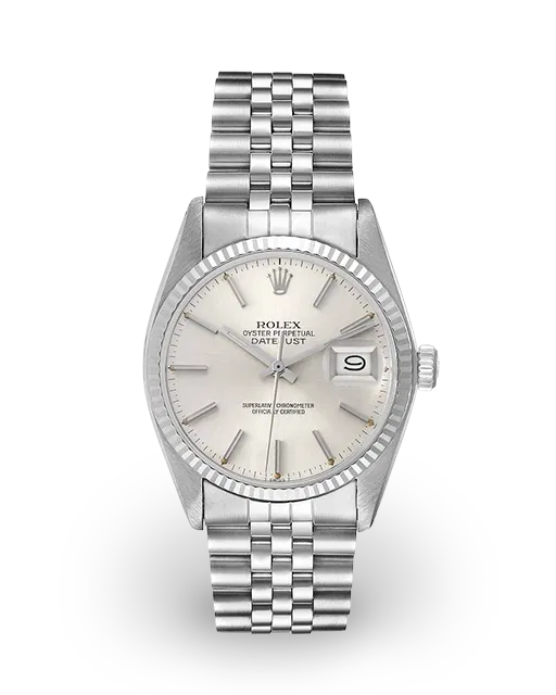 Silver Rolex watch with a white face on a white background