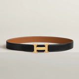 Black and brown leather belt with gold H-buckle on a light gray background