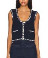 Navy blue sleeveless cardigan with white striped trim worn by a model on a white background
