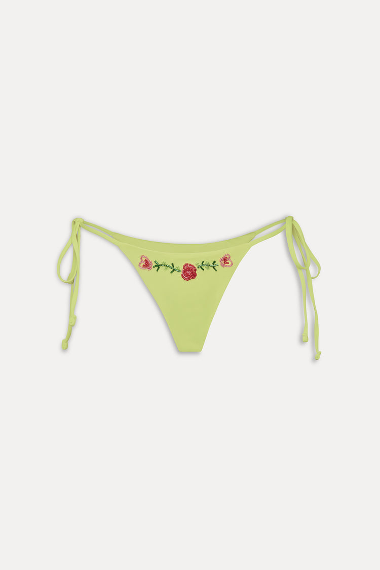 Green Floral-Embroidered String Bikini Bottom