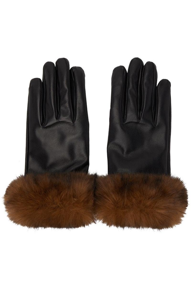 Black Leather with Brown Faux-Fur Gloves