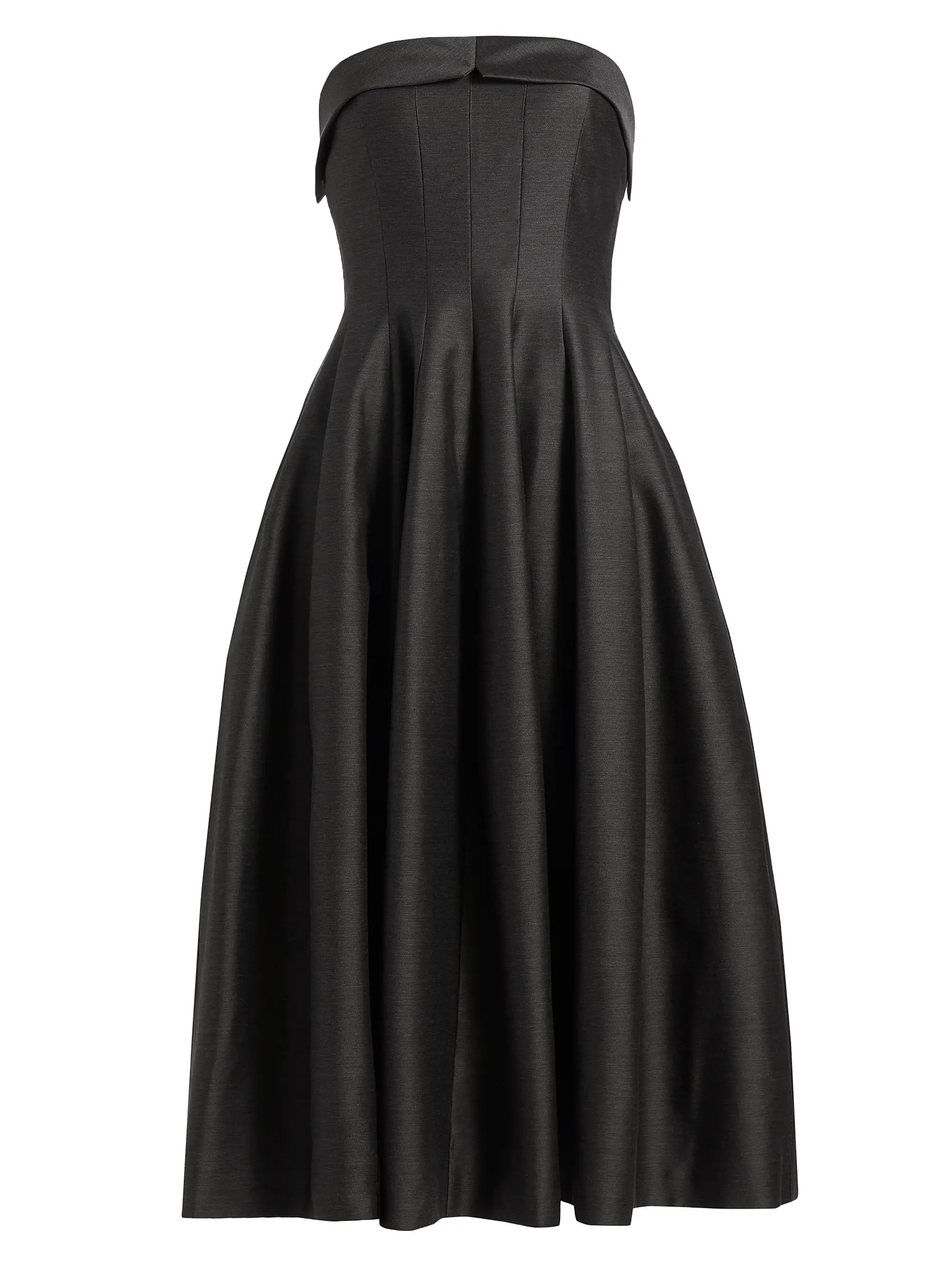 A strapless black midi dress with a structured, slightly padded bodice and a full, gathered skirt, shown against a plain white background.