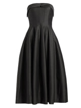 A strapless black midi dress with a structured, slightly padded bodice and a full, gathered skirt, shown against a plain white background.