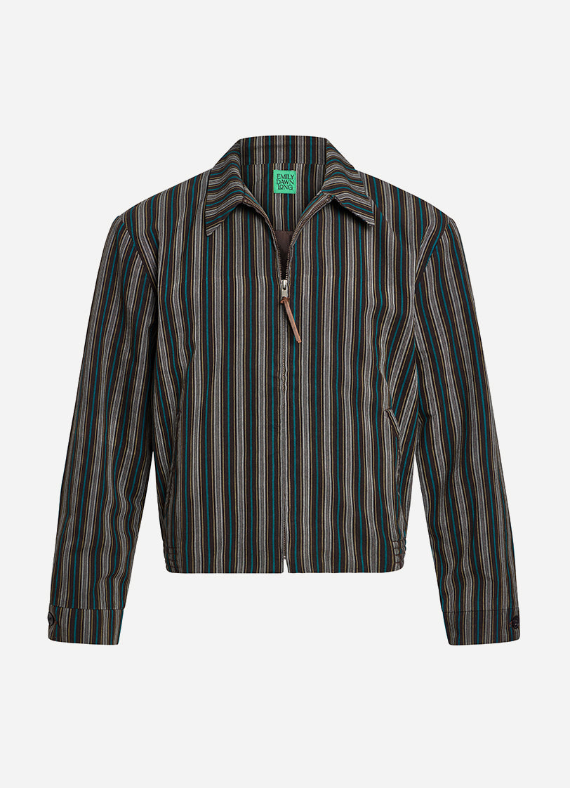A cropped zip-up jacket with vertical stripes in black, green, and beige, featuring a pointed collar and a brown leather zipper pull, shown against a light gray background.