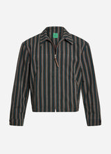 A cropped zip-up jacket with vertical stripes in black, green, and beige, featuring a pointed collar and a brown leather zipper pull, shown against a light gray background.