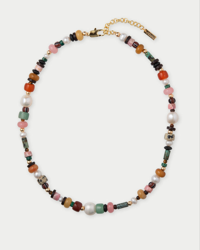 Multicolored beaded necklace with a gold clasp on a white background