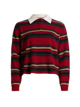 A cropped long-sleeve knit polo-style sweater with horizontal stripes in red, black, and beige, featuring a contrasting white collar.