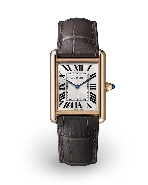 Cartier watch with brown leather strap on a white background