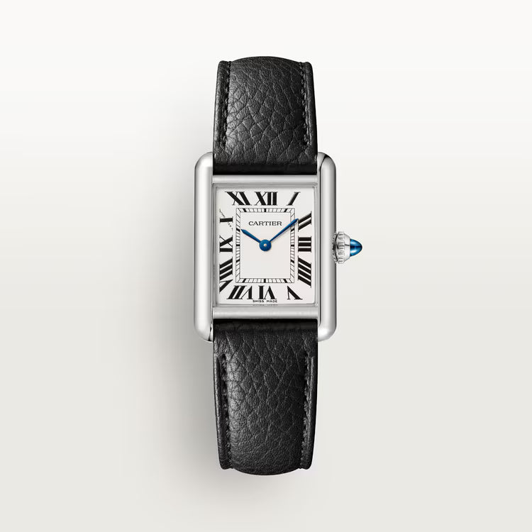 Cartier watch with black leather strap on a white background