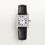 Cartier watch with black leather strap on a white background