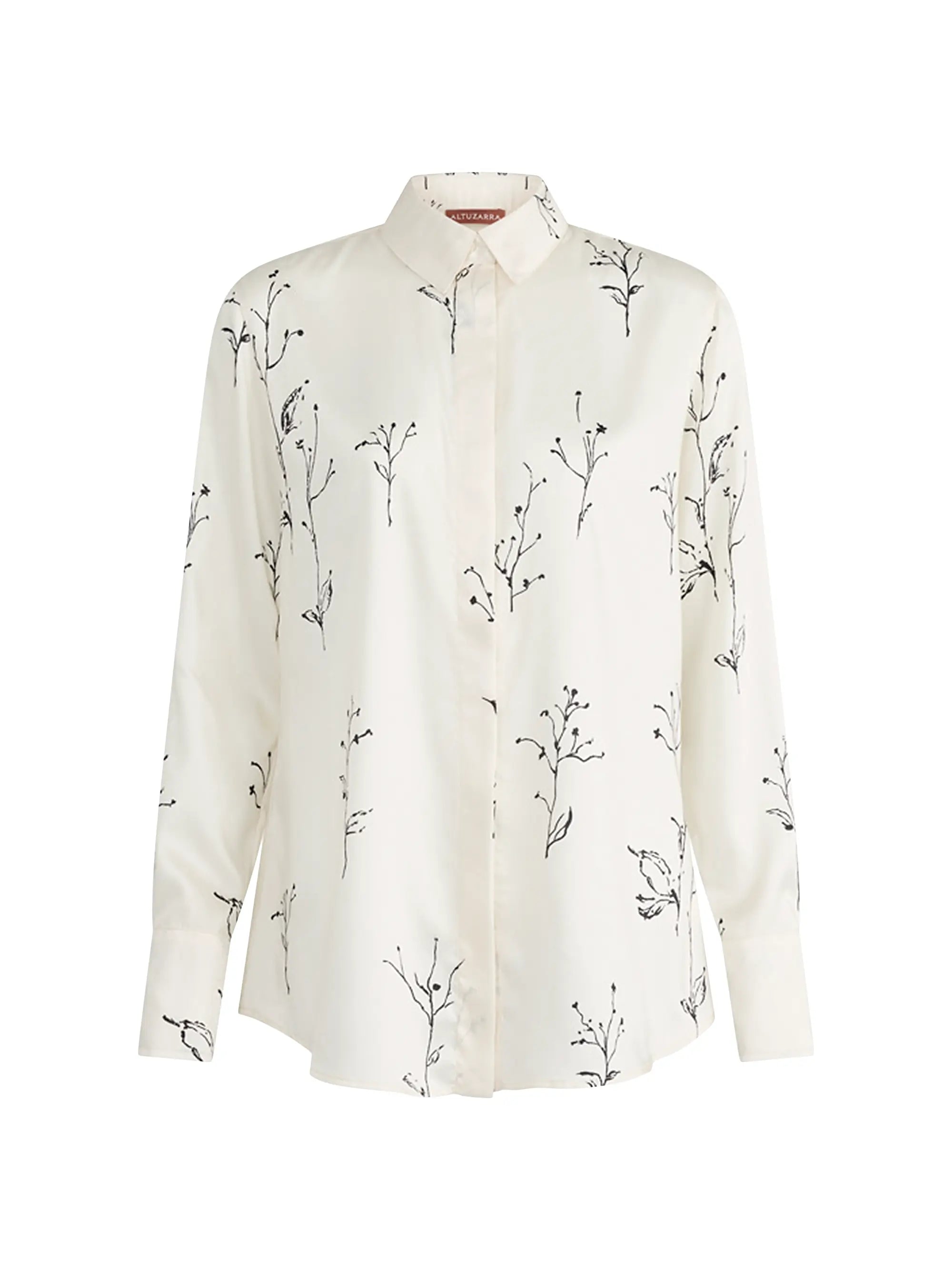 An off-white long-sleeve button-up shirt with a black botanical branch print, displayed on a clean white background.