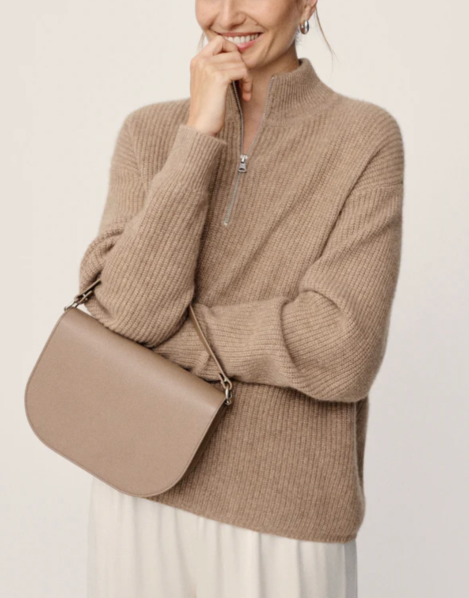 Tan Cashmere Half-Zip Sweater