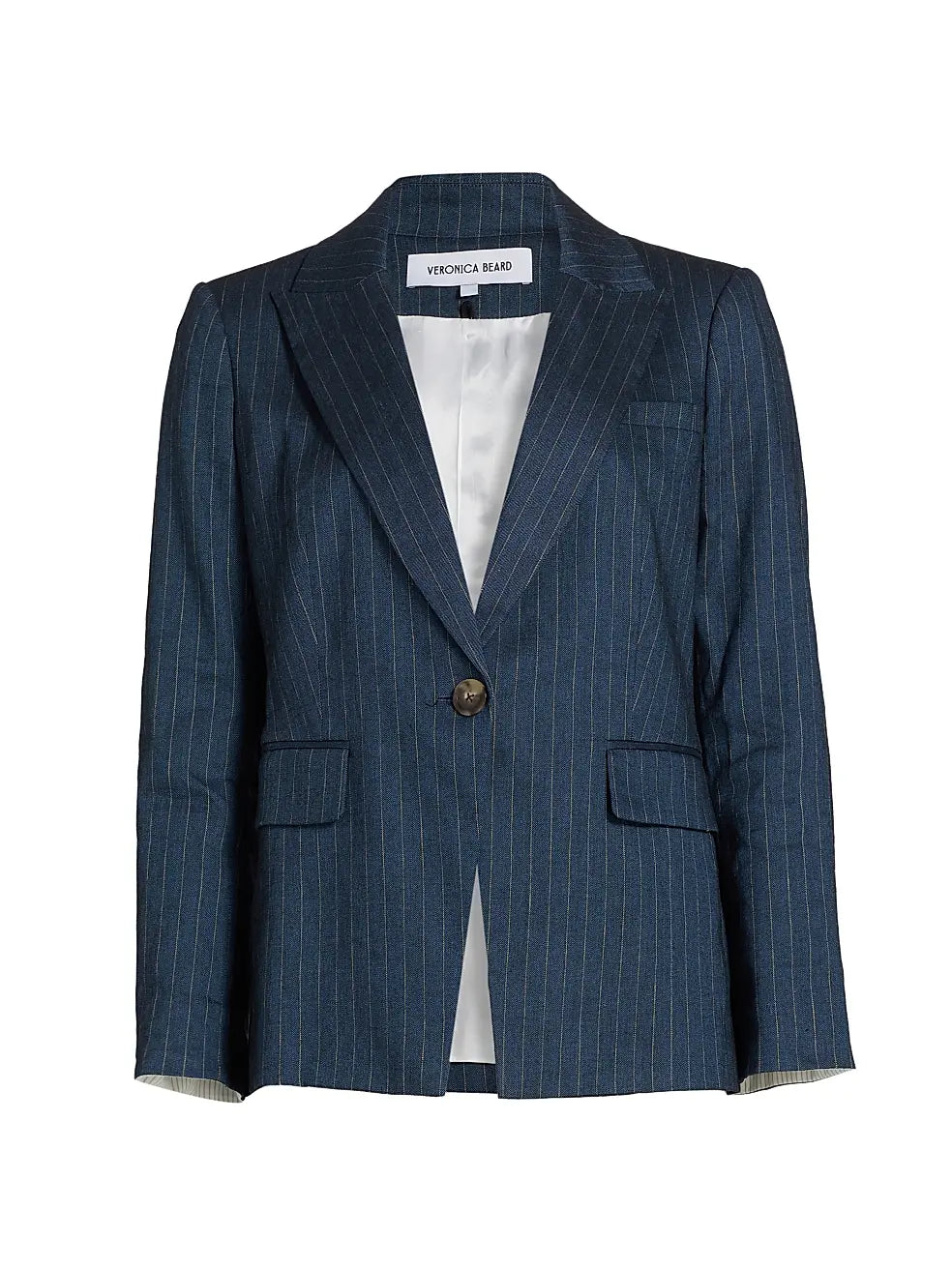 Blue pinstripe blazer on a white background