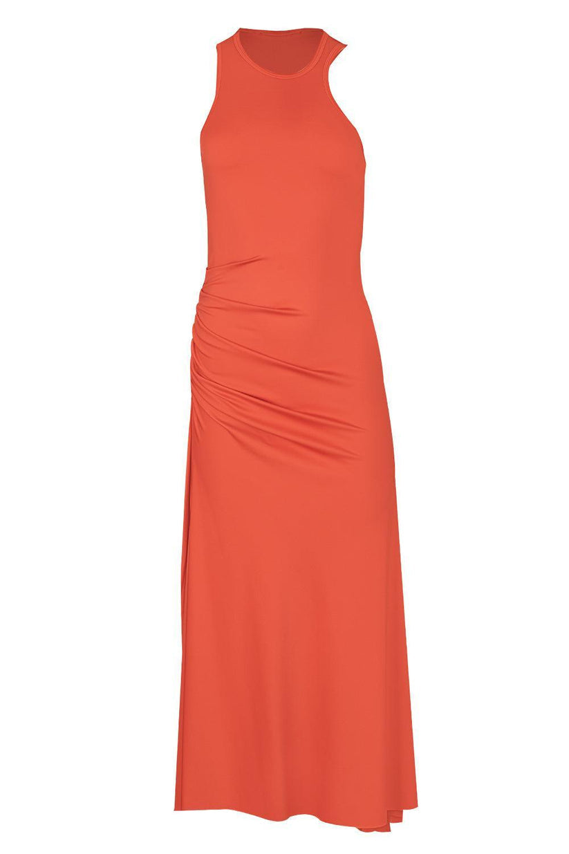 Orange sleeveless dress on a white background