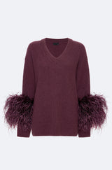 Purple Cashmere V Neck Sweater With Feathers