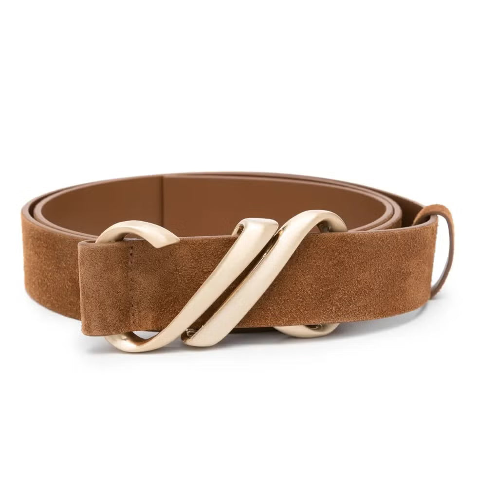 Brown suede belt with a gold buckle on a white background