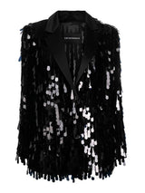 Black sequin jacket with a white background