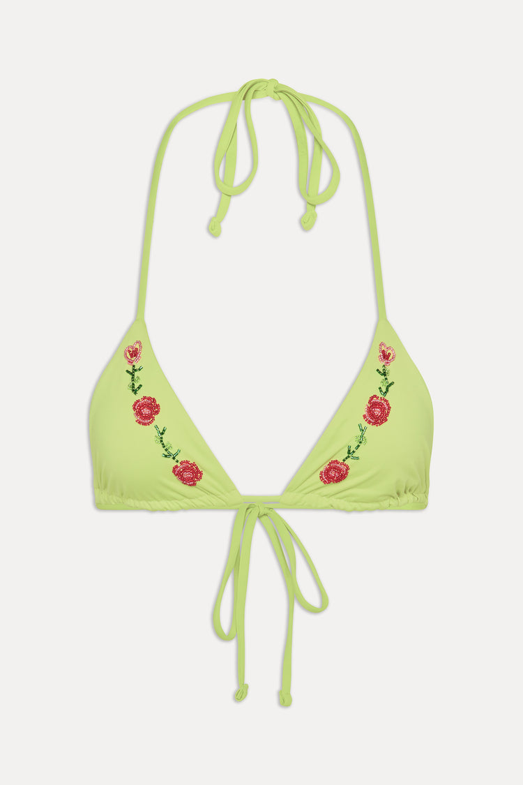 Green Floral-Embroidered Triangle Bikini Top