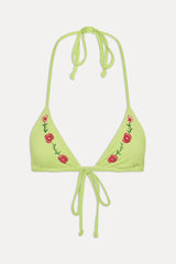 Green Floral-Embroidered Triangle Bikini Top