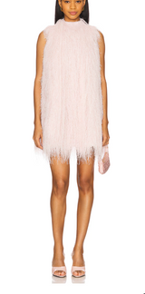 Woman wearing a light pink fringe dress on a white background