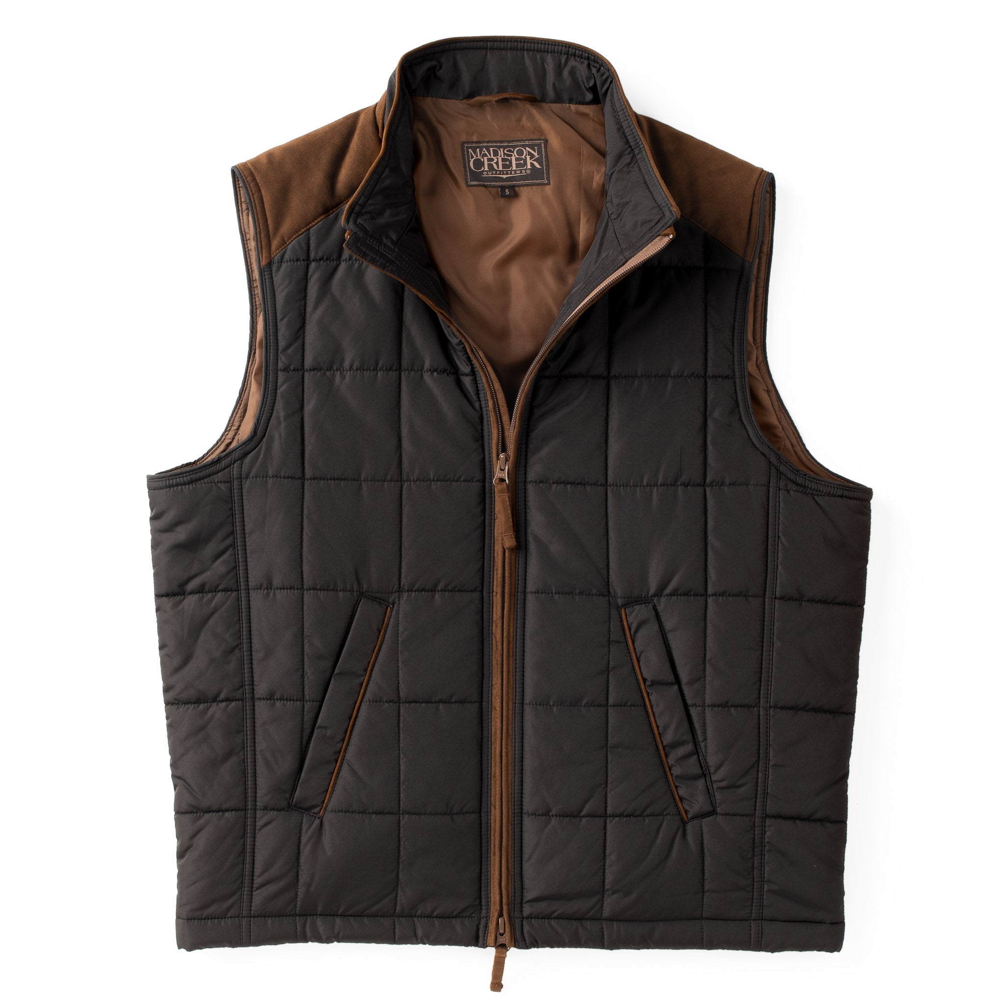 Black quilted vest with brown accents on a white background