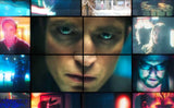 A collage-style grid of multiple video screens showing close-up portraits of different people, with a large central screen displaying a man's face in dramatic blue and warm lighting.
