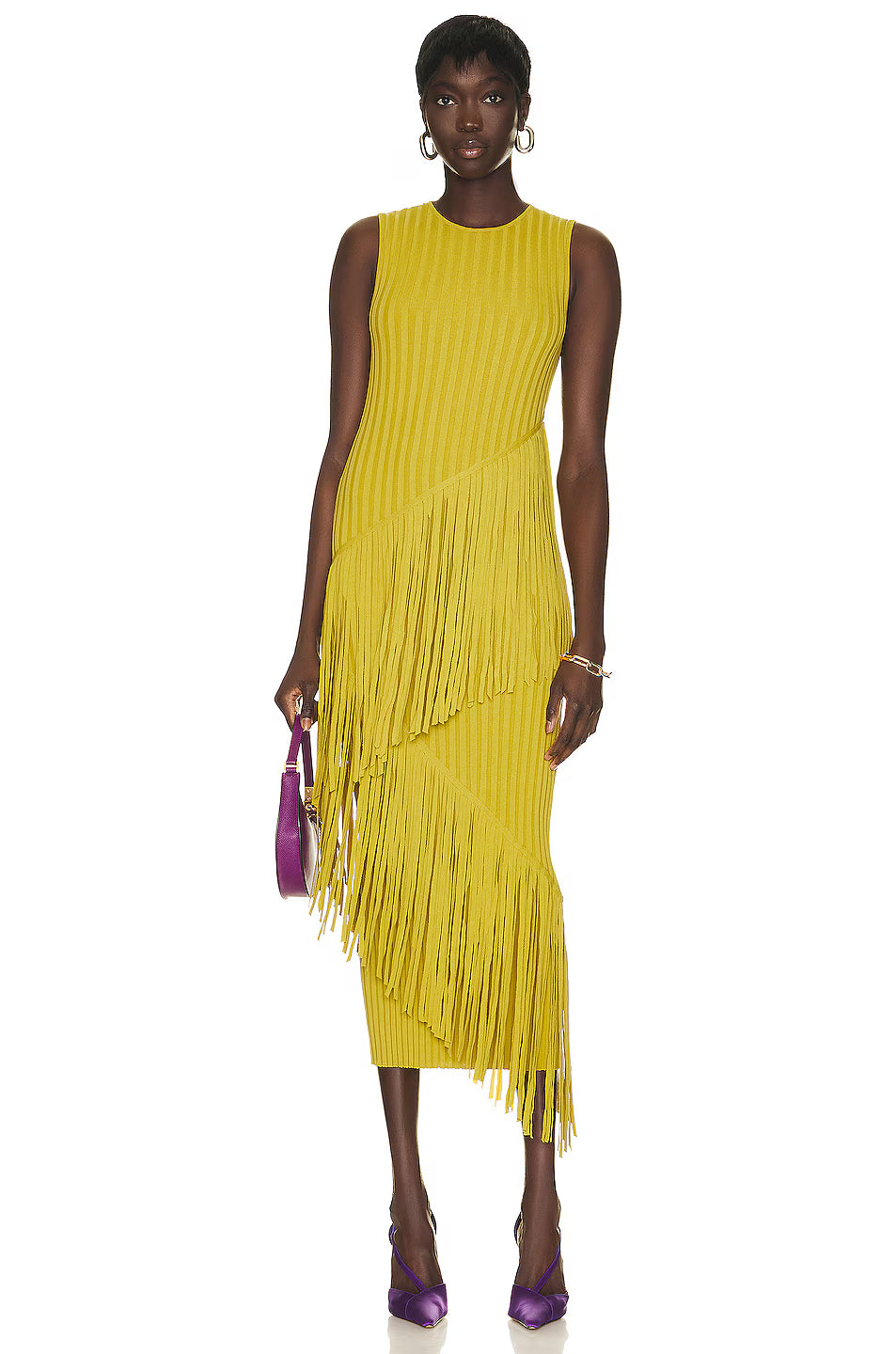 Yellow Fringe Midi Spiral Dress (Kiwi)