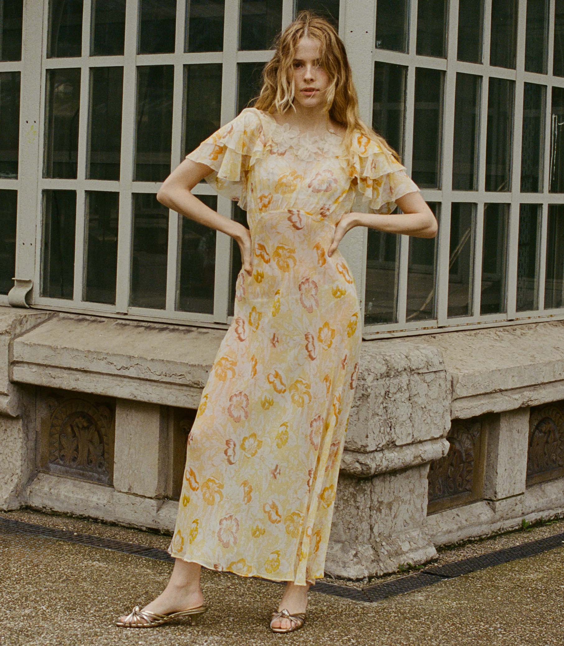 Nevara Yellow Floral Ruffle Dress