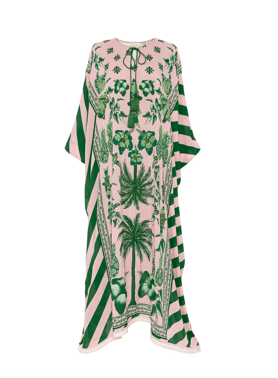 Pink and Emerald Green Palm Azulejos Panel Print Mono Kaftan