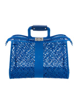 Blue woven handbag with a handle on a white background